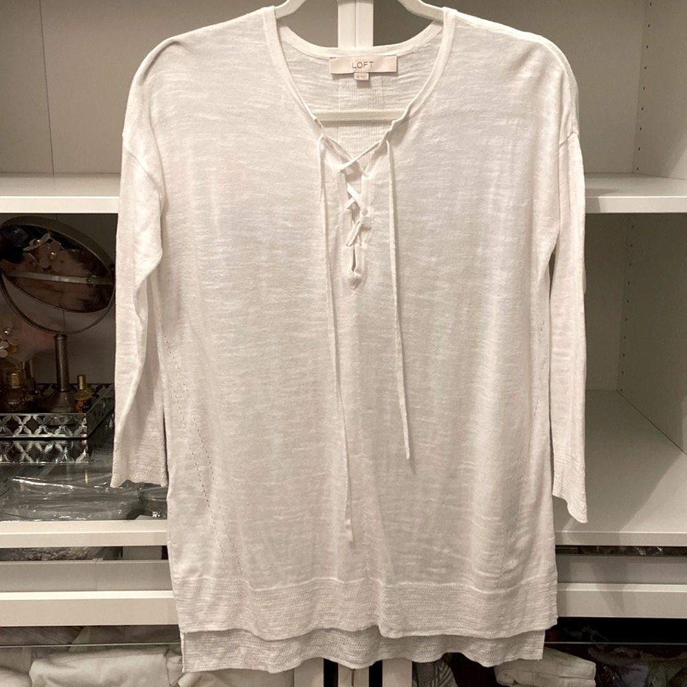 White three-quarter length , lace up neck summer sweater